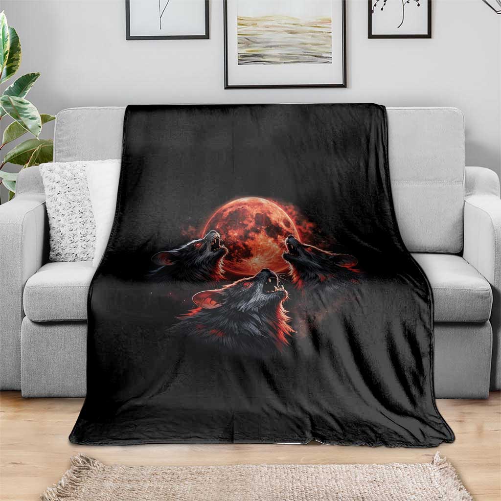 Majestic Three Wolves Howling at Red Blood Moon Graphic Throw Blanket Wild Nature with Celestial Astronomy TS02 Print Your Wear