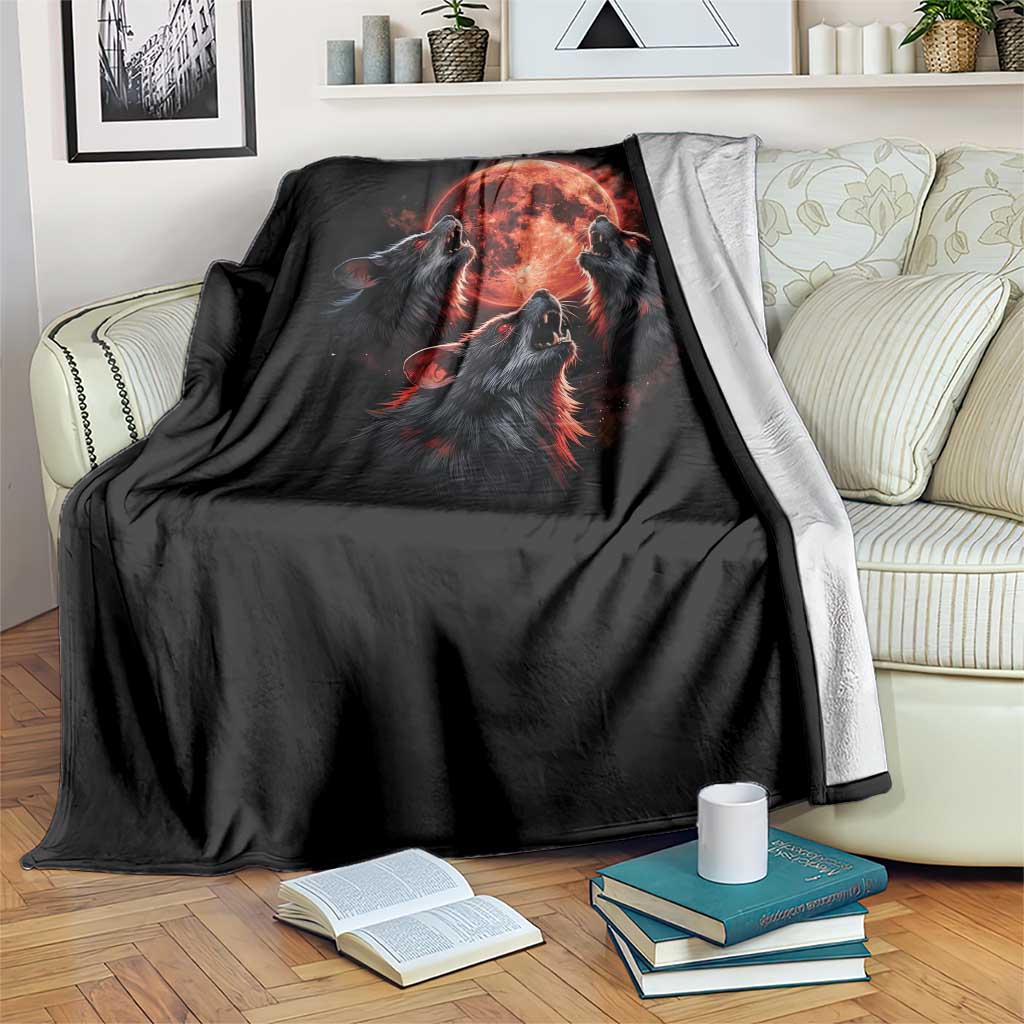 Majestic Three Wolves Howling at Red Blood Moon Graphic Throw Blanket Wild Nature with Celestial Astronomy TS02 Print Your Wear