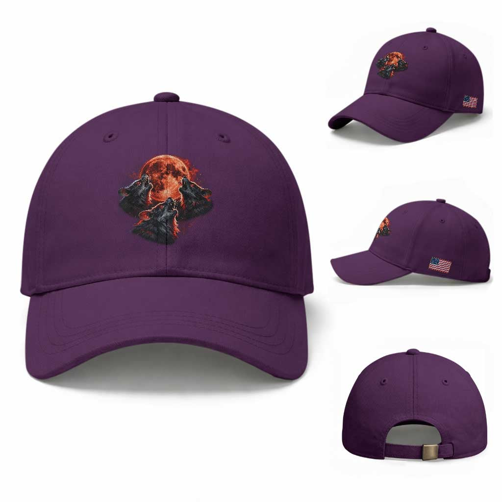 Majestic Three Wolves Howling at Red Blood Moon Graphic Baseball Cap Wild Nature with Celestial Astronomy TS02 Baseball Cap Universal Fit Purple Print Your Wear