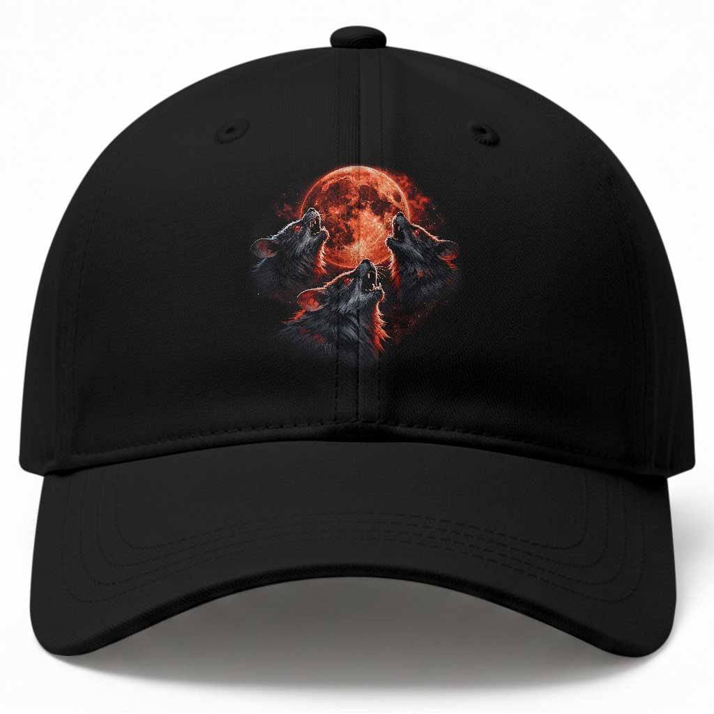Majestic Three Wolves Howling at Red Blood Moon Graphic Baseball Cap Wild Nature with Celestial Astronomy TS02 Print Your Wear