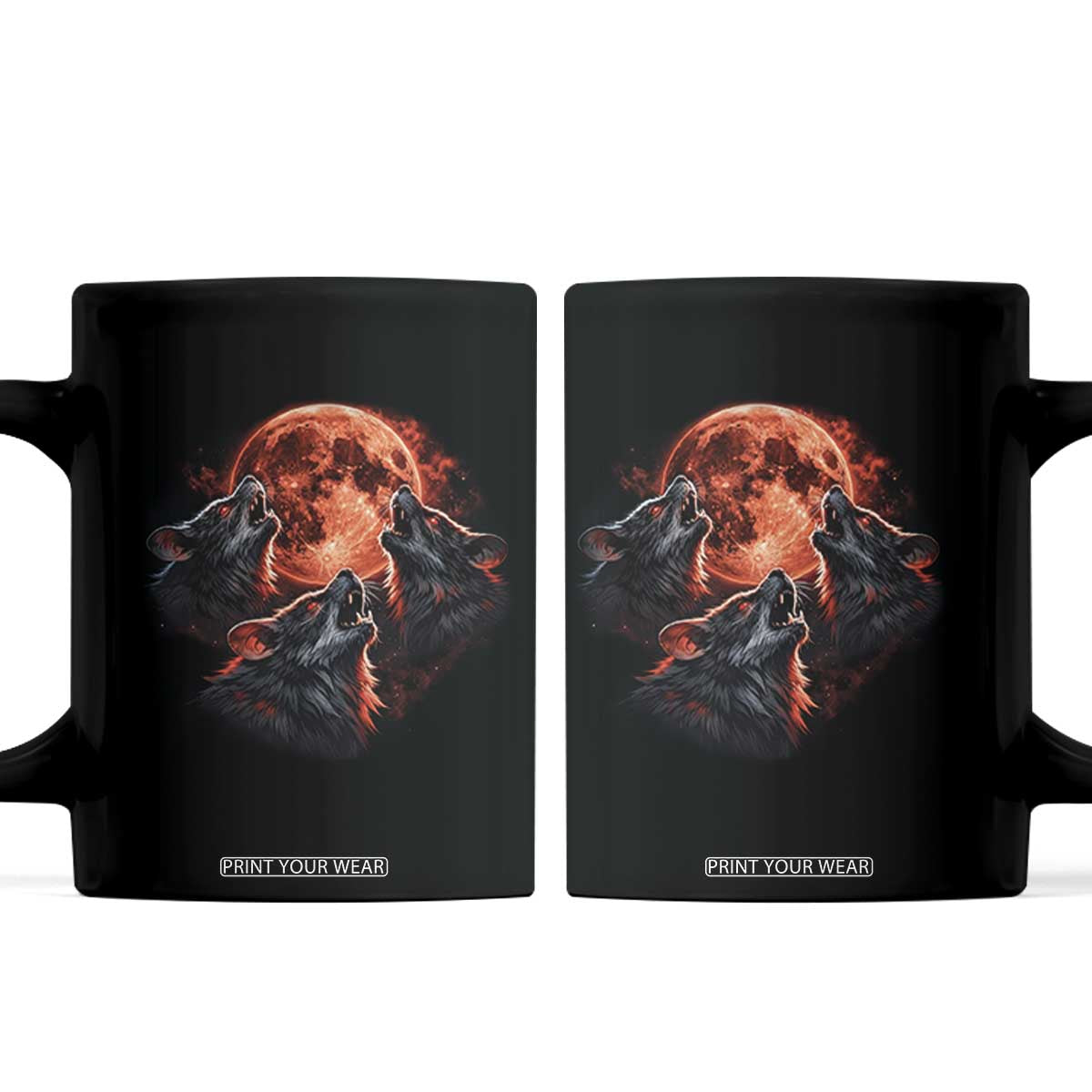 Majestic Three Wolves Howling at Red Blood Moon Graphic Coffee Mug Wild Nature with Celestial Astronomy TS02 Black Print Your Wear