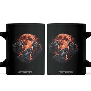 Majestic Three Wolves Howling at Red Blood Moon Graphic Coffee Mug Wild Nature with Celestial Astronomy TS02 Black Print Your Wear