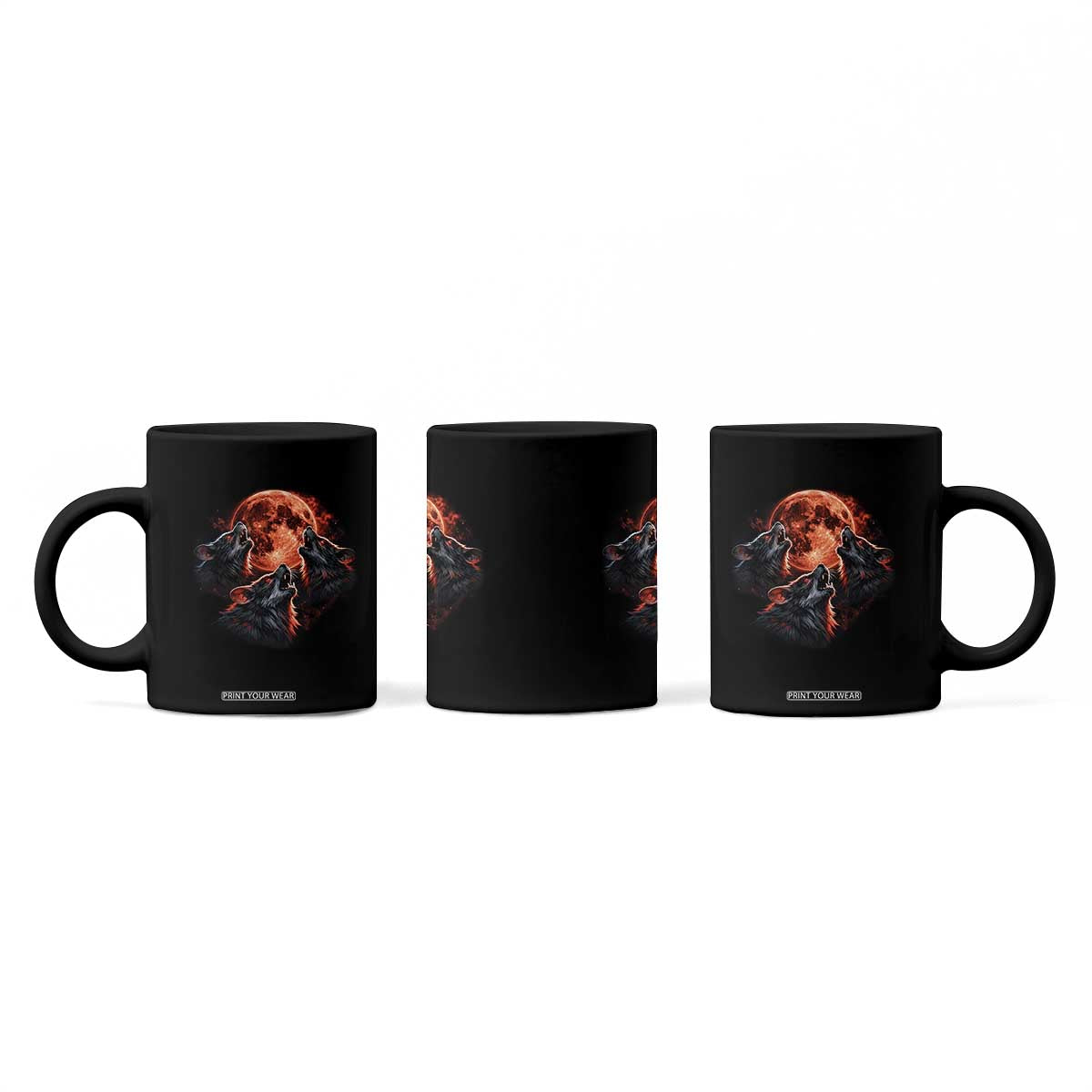 Majestic Three Wolves Howling at Red Blood Moon Graphic Coffee Mug Wild Nature with Celestial Astronomy TS02 Print Your Wear