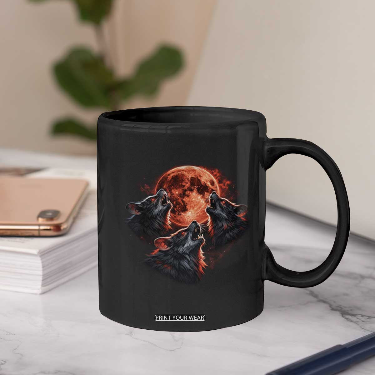 Majestic Three Wolves Howling at Red Blood Moon Graphic Coffee Mug Wild Nature with Celestial Astronomy TS02 Print Your Wear