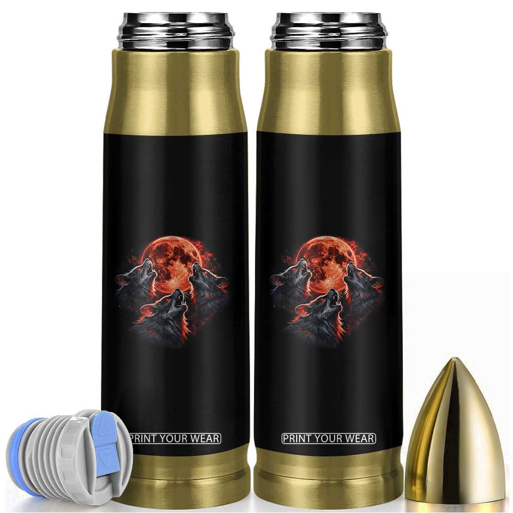 Majestic Three Wolves Howling at Red Blood Moon Graphic Bullet Tumbler Wild Nature with Celestial Astronomy TS02 Black Print Your Wear