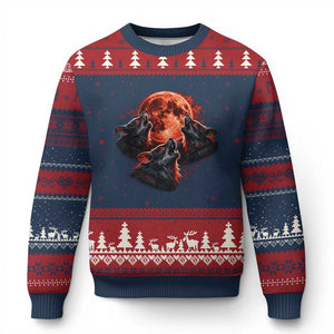 Majestic Three Wolves Howling at Red Blood Moon Graphic Ugly Christmas Sweater Wild Nature with Celestial Astronomy TS02 Navy Red Print Your Wear