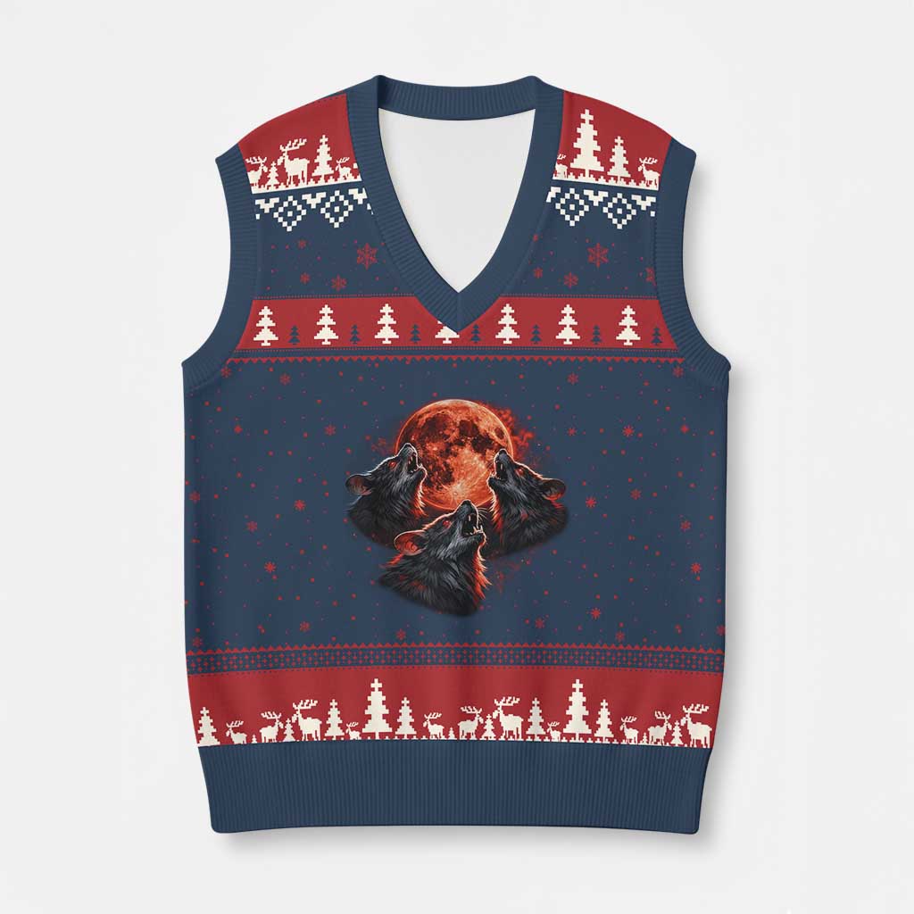 Majestic Three Wolves Howling at Red Blood Moon Graphic V-Neck Knit Sweater Vest Wild Nature with Celestial Astronomy TS02 Navy Red Print Your Wear