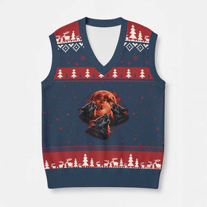 Majestic Three Wolves Howling at Red Blood Moon Graphic V-Neck Knit Sweater Vest Wild Nature with Celestial Astronomy TS02 Navy Red Print Your Wear