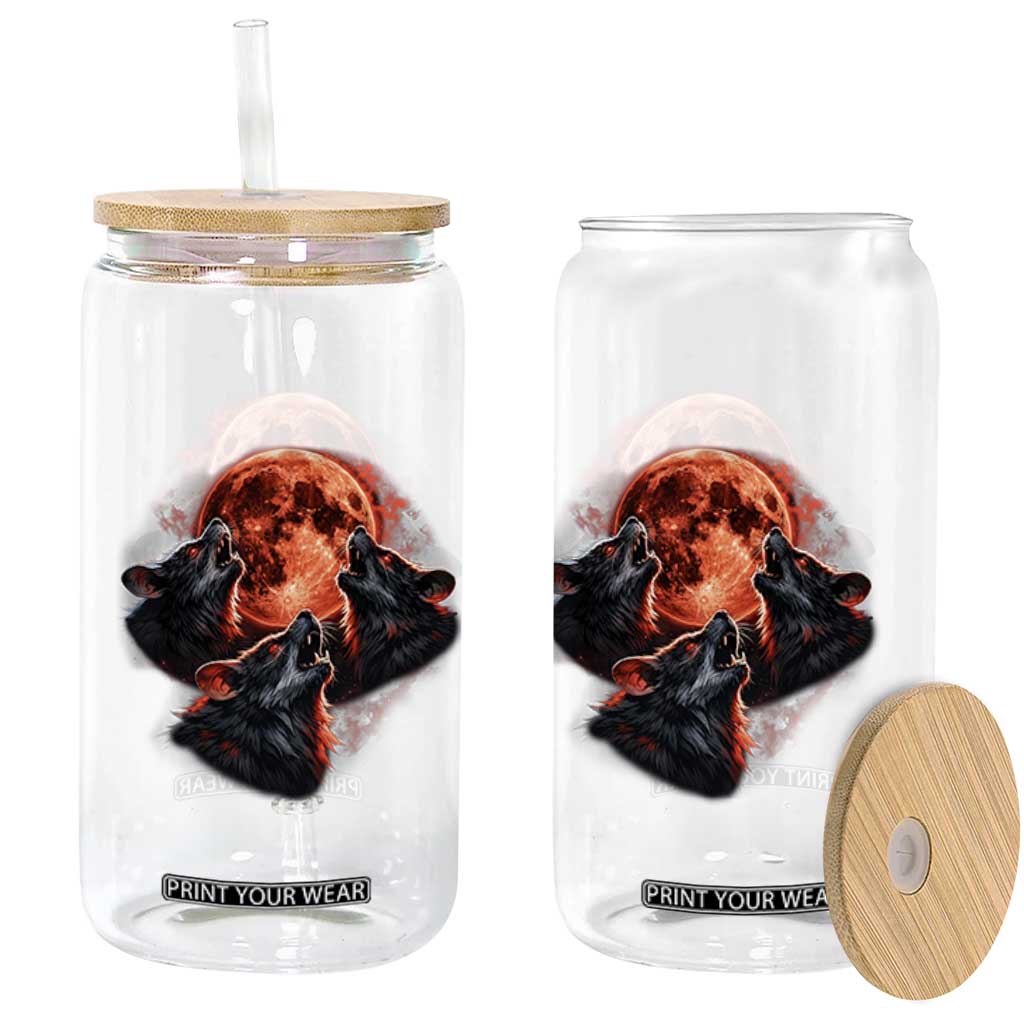 Majestic Three Wolves Howling at Red Blood Moon Graphic Glass Can Wild Nature with Celestial Astronomy TS02 Print Your Wear