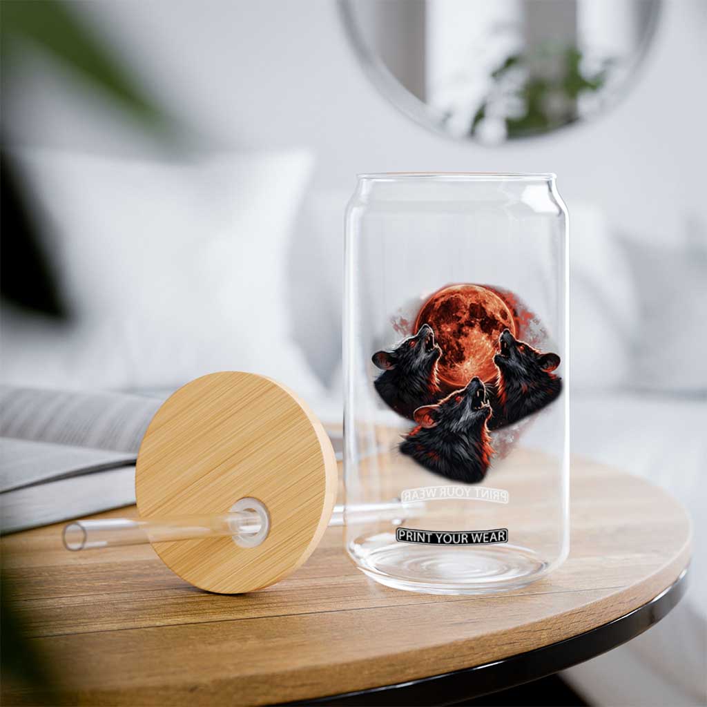 Majestic Three Wolves Howling at Red Blood Moon Graphic Glass Can Wild Nature with Celestial Astronomy TS02 Print Your Wear