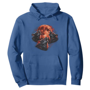 Majestic Three Wolves Howling at Red Blood Moon Graphic Hoodie Wild Nature with Celestial Astronomy TS02 Royal Blue Print Your Wear