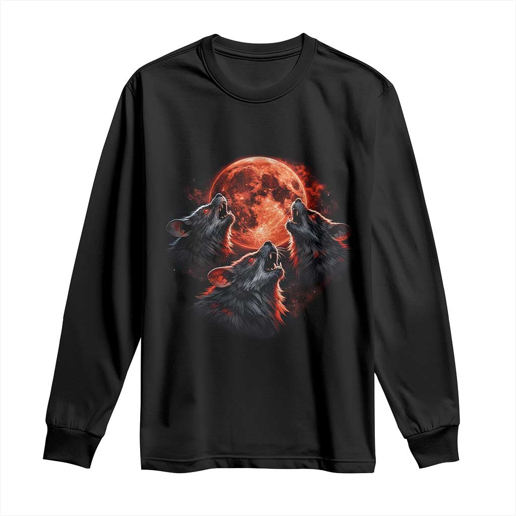 Majestic Three Wolves Howling at Red Blood Moon Graphic Long Sleeve Shirt Wild Nature with Celestial Astronomy TS02 Black Print Your Wear