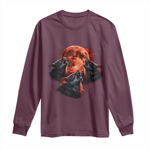 Majestic Three Wolves Howling at Red Blood Moon Graphic Long Sleeve Shirt Wild Nature with Celestial Astronomy TS02 Maroon Print Your Wear