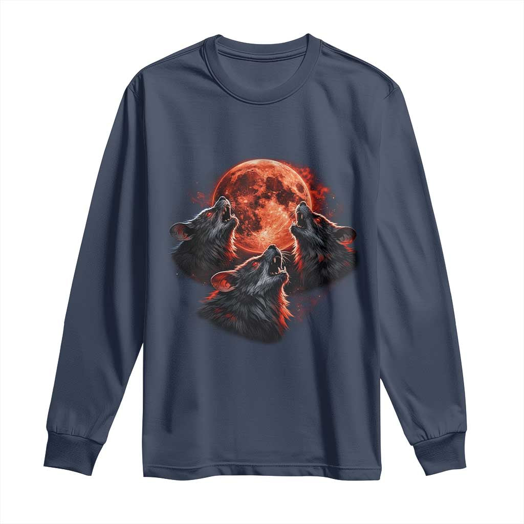Majestic Three Wolves Howling at Red Blood Moon Graphic Long Sleeve Shirt Wild Nature with Celestial Astronomy TS02 Navy Print Your Wear