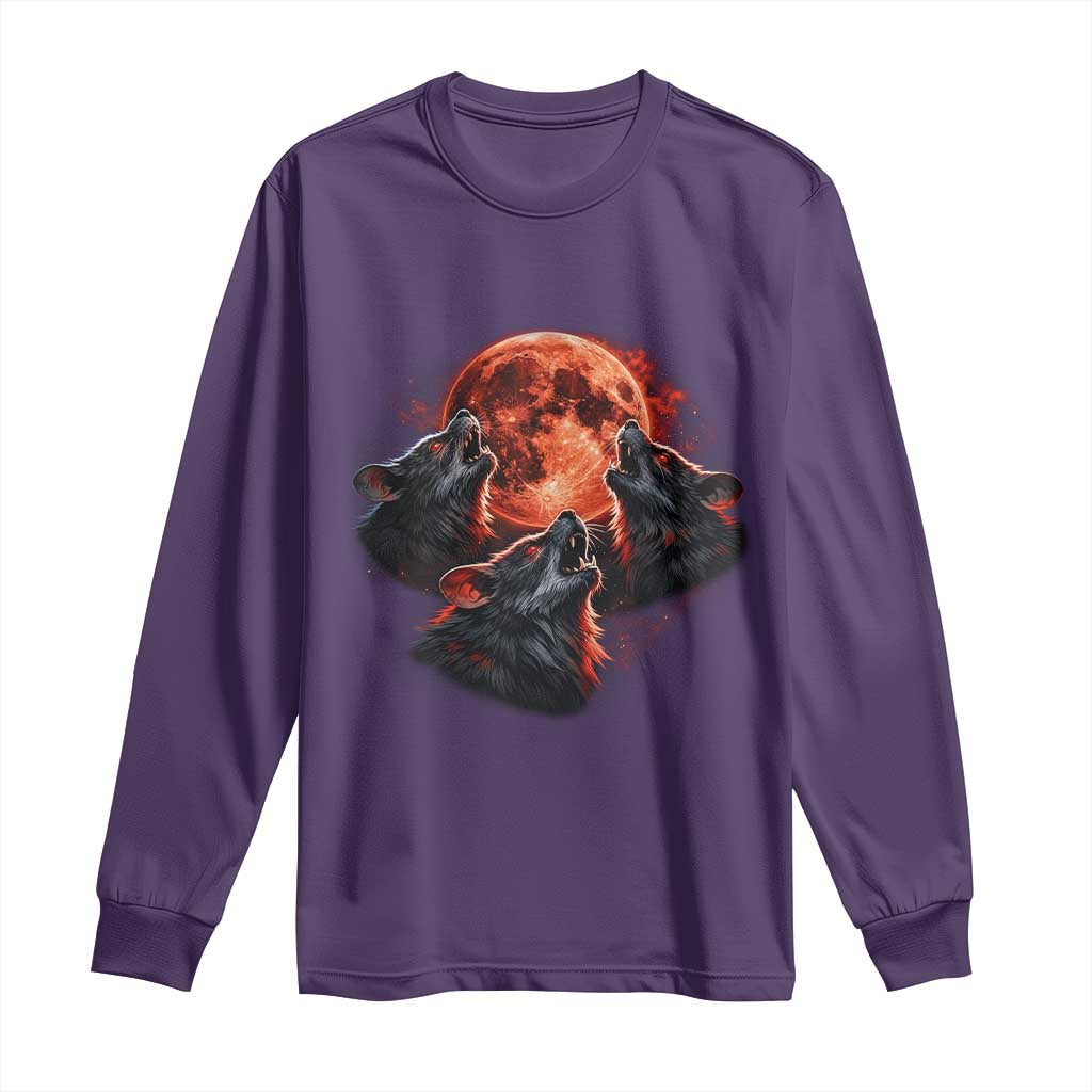 Majestic Three Wolves Howling at Red Blood Moon Graphic Long Sleeve Shirt Wild Nature with Celestial Astronomy TS02 Purple Print Your Wear