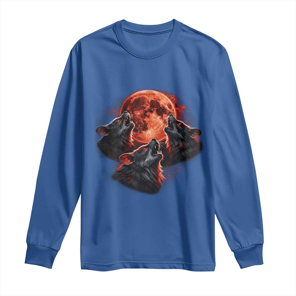 Majestic Three Wolves Howling at Red Blood Moon Graphic Long Sleeve Shirt Wild Nature with Celestial Astronomy TS02 Royal Blue Print Your Wear