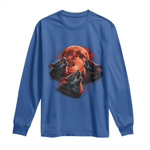 Majestic Three Wolves Howling at Red Blood Moon Graphic Long Sleeve Shirt Wild Nature with Celestial Astronomy TS02 Royal Blue Print Your Wear