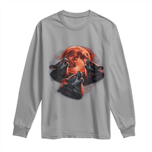 Majestic Three Wolves Howling at Red Blood Moon Graphic Long Sleeve Shirt Wild Nature with Celestial Astronomy TS02 Sport Gray Print Your Wear
