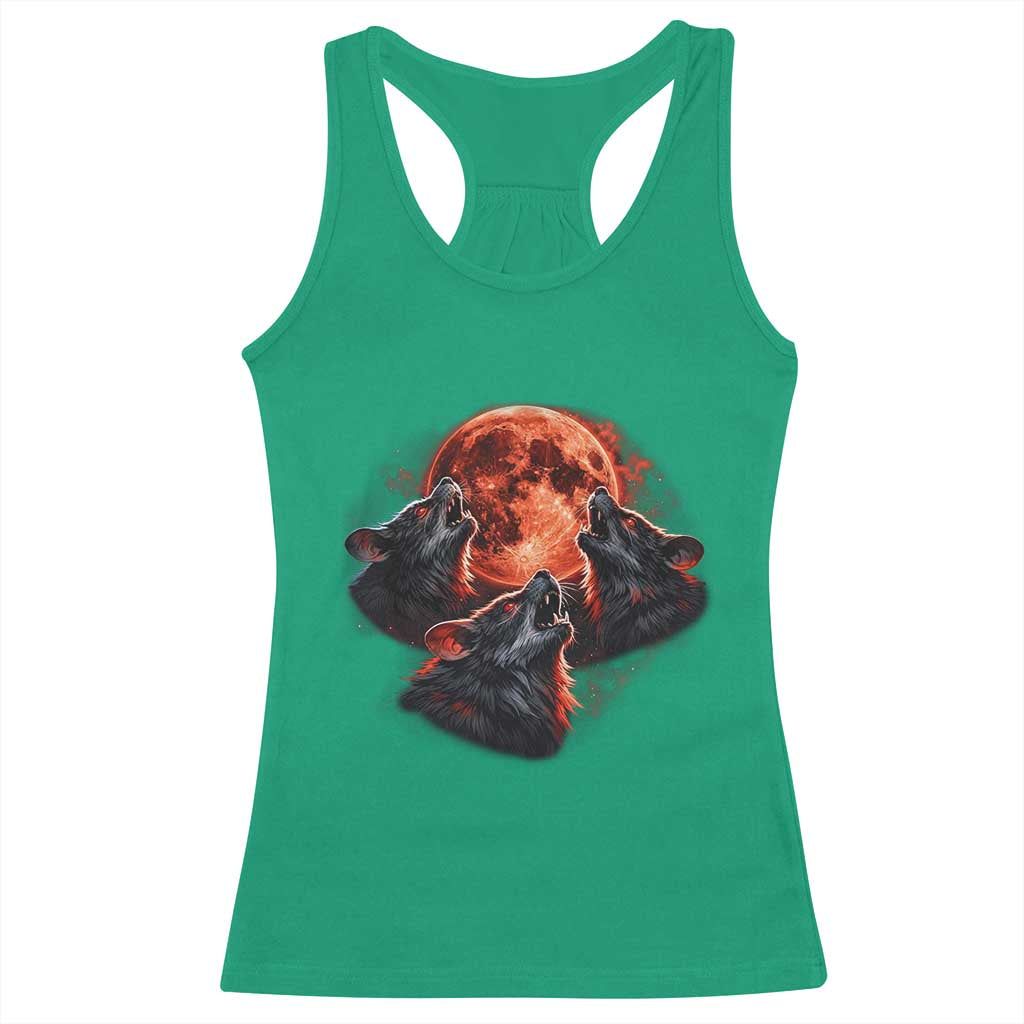 Majestic Three Wolves Howling at Red Blood Moon Graphic Racerback Tank Top Wild Nature with Celestial Astronomy TS02 Irish Green Print Your Wear
