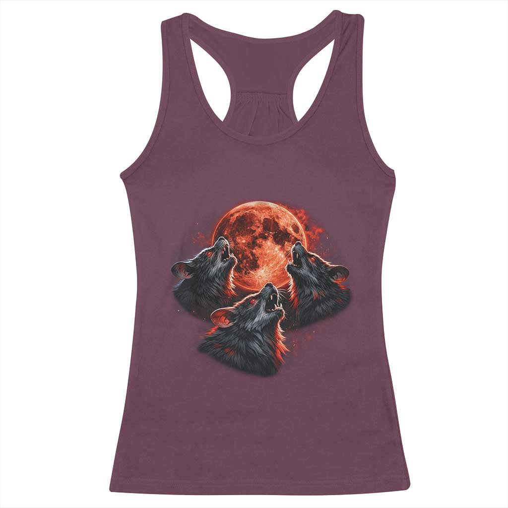Majestic Three Wolves Howling at Red Blood Moon Graphic Racerback Tank Top Wild Nature with Celestial Astronomy TS02 Maroon Print Your Wear