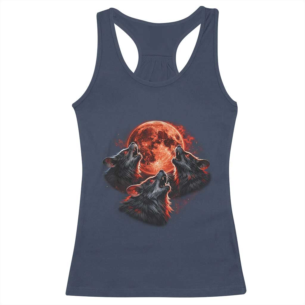 Majestic Three Wolves Howling at Red Blood Moon Graphic Racerback Tank Top Wild Nature with Celestial Astronomy TS02 Navy Print Your Wear