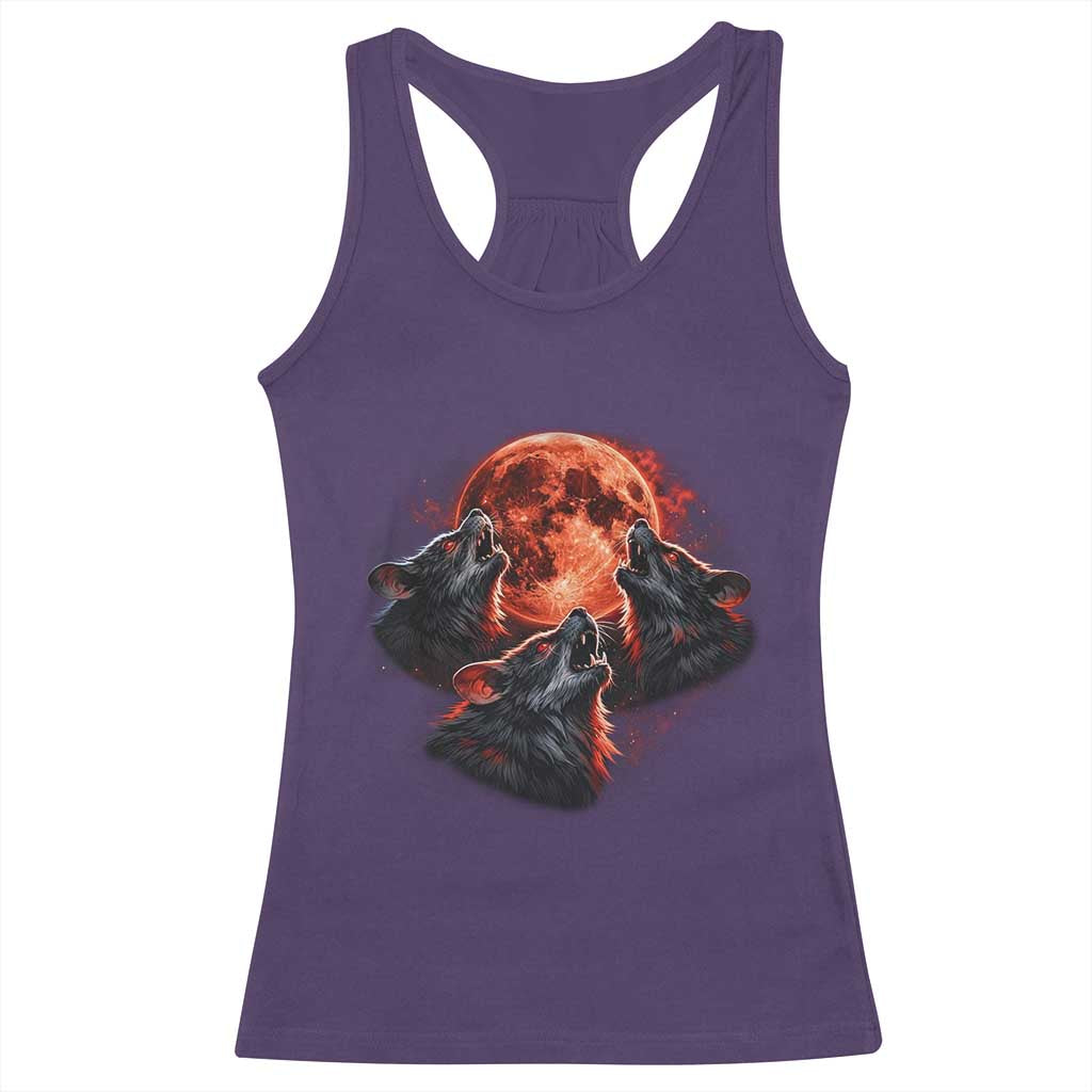 Majestic Three Wolves Howling at Red Blood Moon Graphic Racerback Tank Top Wild Nature with Celestial Astronomy TS02 Purple Print Your Wear