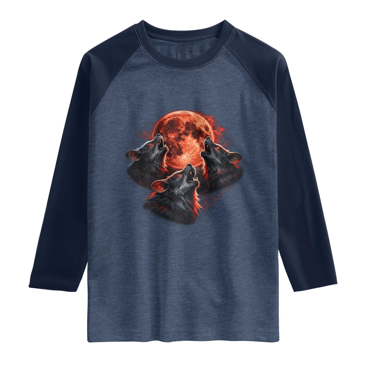Majestic Three Wolves Howling at Red Blood Moon Graphic Raglan Shirt Wild Nature with Celestial Astronomy TS02 Heather Denim Navy Print Your Wear
