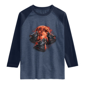 Majestic Three Wolves Howling at Red Blood Moon Graphic Raglan Shirt Wild Nature with Celestial Astronomy TS02 Heather Denim Navy Print Your Wear