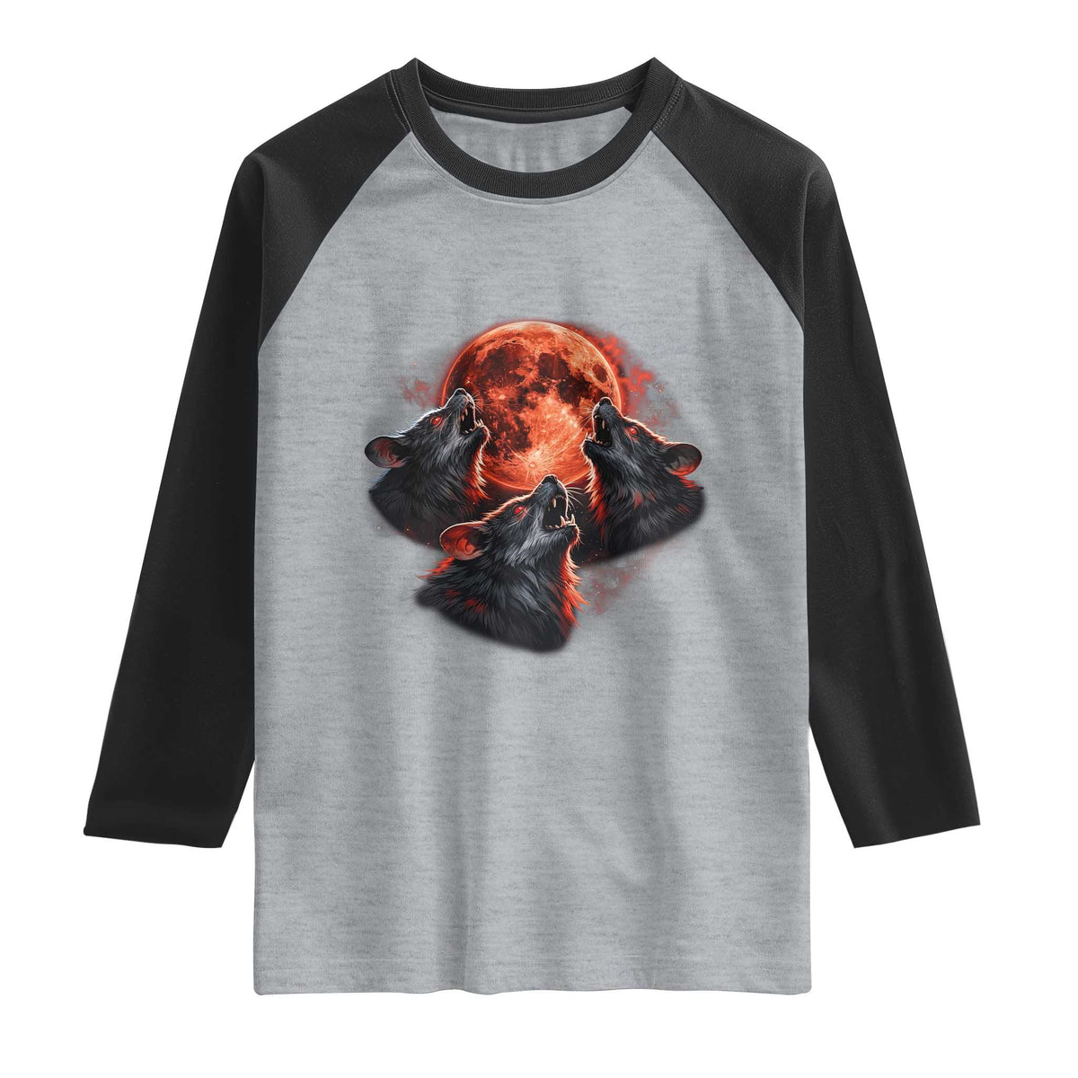 Majestic Three Wolves Howling at Red Blood Moon Graphic Raglan Shirt Wild Nature with Celestial Astronomy TS02 Heather Gray Black Print Your Wear