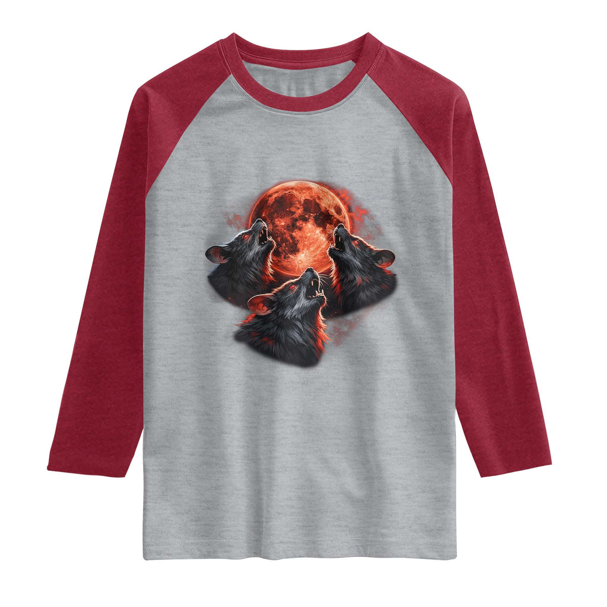 Majestic Three Wolves Howling at Red Blood Moon Graphic Raglan Shirt Wild Nature with Celestial Astronomy TS02 Heather Gray Heather Red Print Your Wear