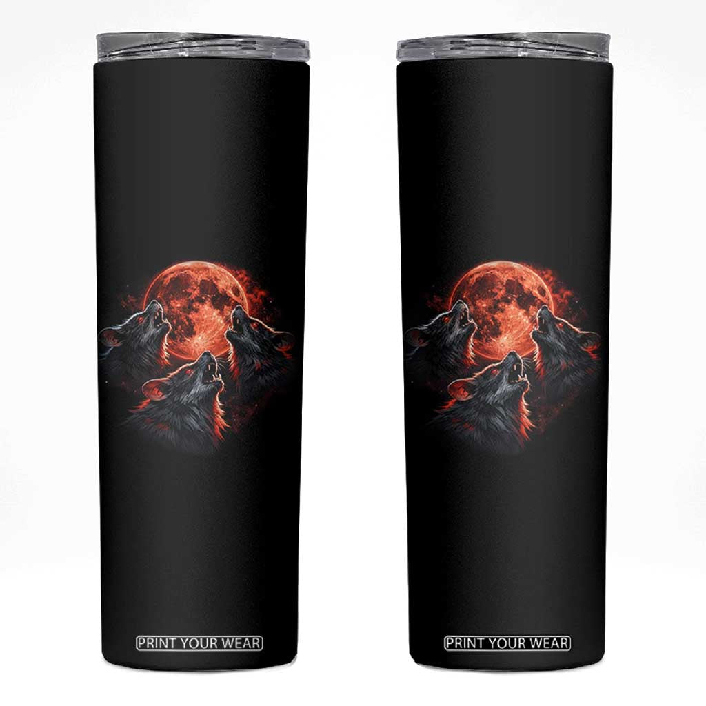 Majestic Three Wolves Howling at Red Blood Moon Graphic Skinny Tumbler Wild Nature with Celestial Astronomy TS02 Black Print Your Wear