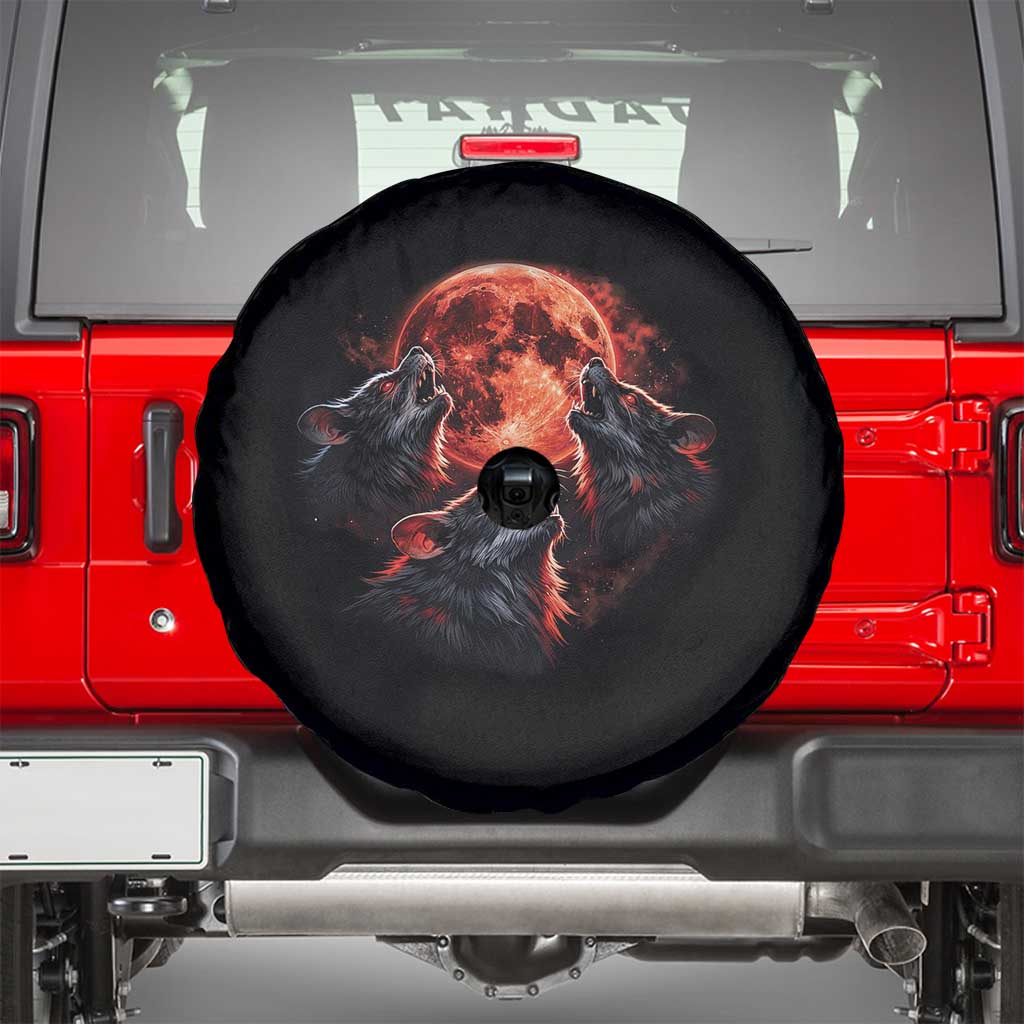 Majestic Three Wolves Howling at Red Blood Moon Graphic Spare Tire Cover Wild Nature with Celestial Astronomy TS02 Black Print Your Wear