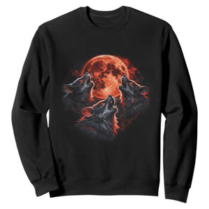 Majestic Three Wolves Howling at Red Blood Moon Graphic Sweatshirt Wild Nature with Celestial Astronomy TS02 Black Print Your Wear