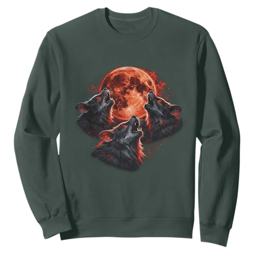Majestic Three Wolves Howling at Red Blood Moon Graphic Sweatshirt Wild Nature with Celestial Astronomy TS02 Dark Forest Green Print Your Wear