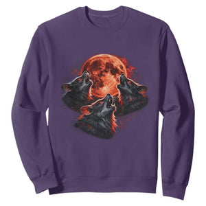 Majestic Three Wolves Howling at Red Blood Moon Graphic Sweatshirt Wild Nature with Celestial Astronomy TS02 Purple Print Your Wear