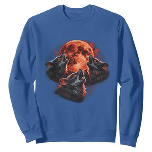 Majestic Three Wolves Howling at Red Blood Moon Graphic Sweatshirt Wild Nature with Celestial Astronomy TS02 Royal Blue Print Your Wear