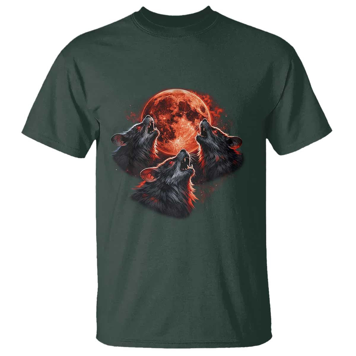 Majestic Three Wolves Howling at Red Blood Moon Graphic T Shirt Wild Nature with Celestial Astronomy TS02 Dark Forest Green Print Your Wear