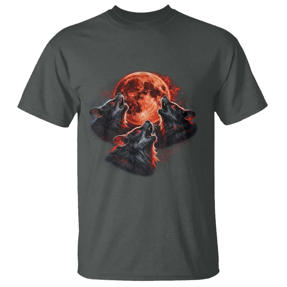 Majestic Three Wolves Howling at Red Blood Moon Graphic T Shirt Wild Nature with Celestial Astronomy TS02 Dark Heather Print Your Wear