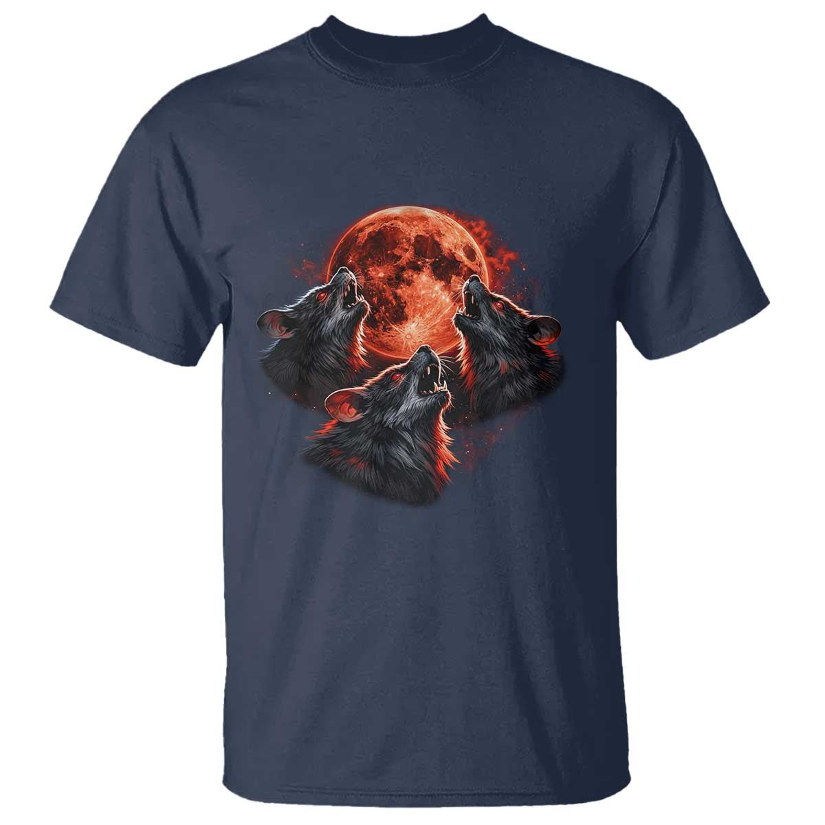 Majestic Three Wolves Howling at Red Blood Moon Graphic T Shirt Wild Nature with Celestial Astronomy TS02 Navy Print Your Wear