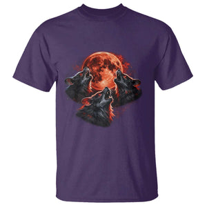 Majestic Three Wolves Howling at Red Blood Moon Graphic T Shirt Wild Nature with Celestial Astronomy TS02 Purple Print Your Wear