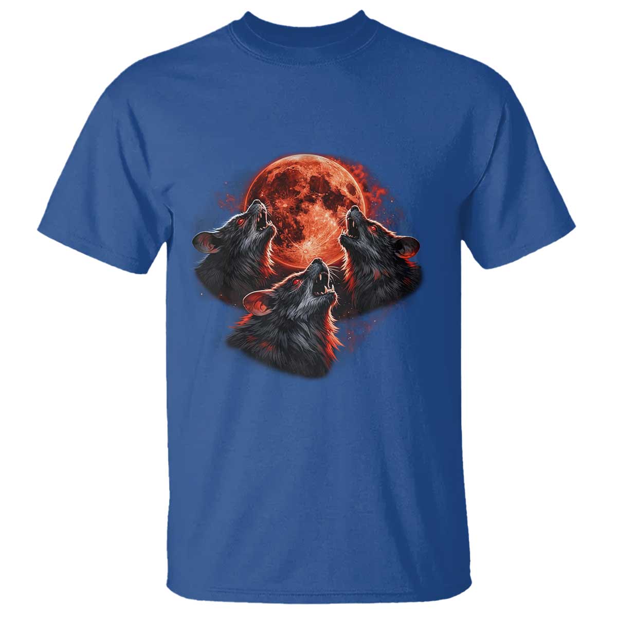 Majestic Three Wolves Howling at Red Blood Moon Graphic T Shirt Wild Nature with Celestial Astronomy TS02 Royal Blue Print Your Wear