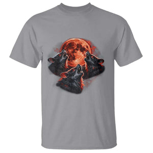 Majestic Three Wolves Howling at Red Blood Moon Graphic T Shirt Wild Nature with Celestial Astronomy TS02 Sport Gray Print Your Wear