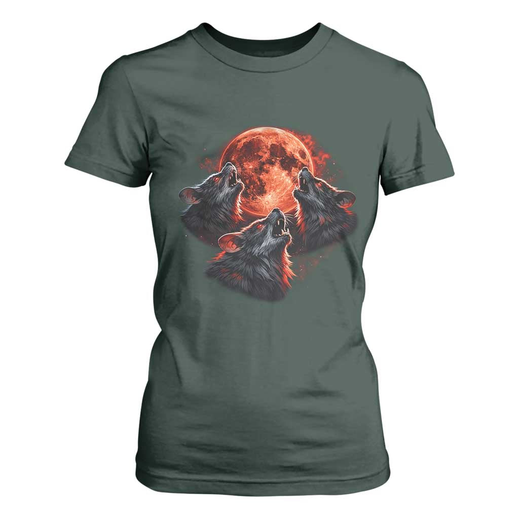Majestic Three Wolves Howling at Red Blood Moon Graphic T Shirt For Women Wild Nature with Celestial Astronomy TS02 Dark Forest Green Print Your Wear