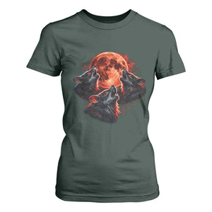 Majestic Three Wolves Howling at Red Blood Moon Graphic T Shirt For Women Wild Nature with Celestial Astronomy TS02 Dark Forest Green Print Your Wear