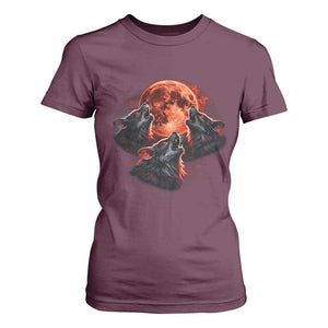 Majestic Three Wolves Howling at Red Blood Moon Graphic T Shirt For Women Wild Nature with Celestial Astronomy TS02 Maroon Print Your Wear