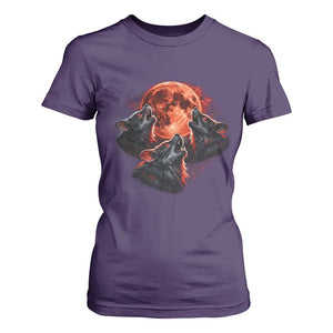Majestic Three Wolves Howling at Red Blood Moon Graphic T Shirt For Women Wild Nature with Celestial Astronomy TS02 Purple Print Your Wear