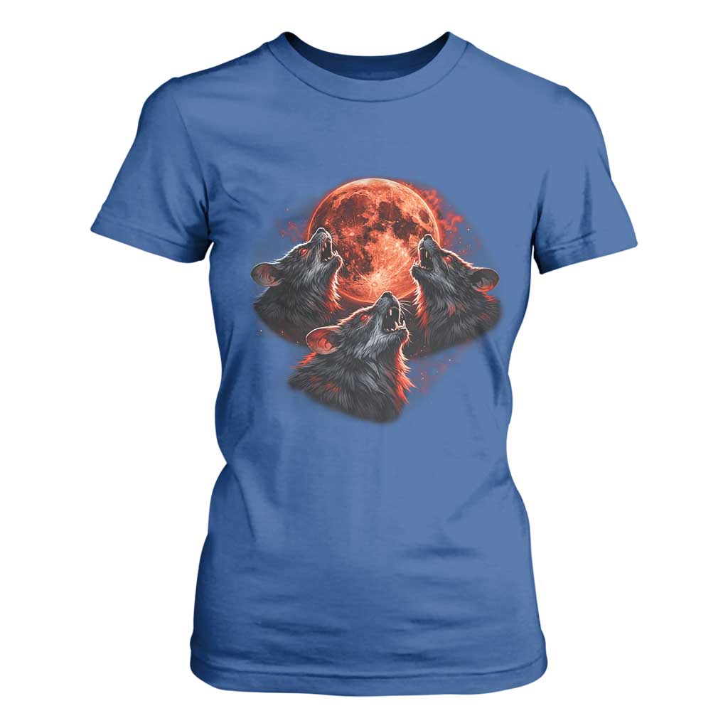 Majestic Three Wolves Howling at Red Blood Moon Graphic T Shirt For Women Wild Nature with Celestial Astronomy TS02 Royal Blue Print Your Wear