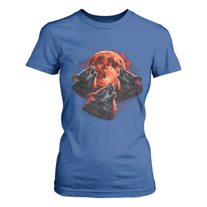 Majestic Three Wolves Howling at Red Blood Moon Graphic T Shirt For Women Wild Nature with Celestial Astronomy TS02 Royal Blue Print Your Wear