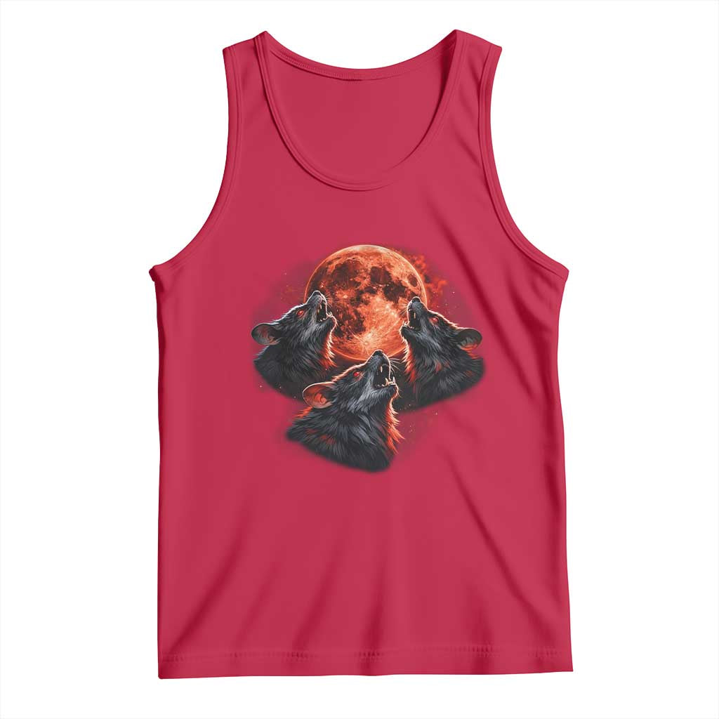 Majestic Three Wolves Howling at Red Blood Moon Graphic Tank Top Wild Nature with Celestial Astronomy TS02 Red Print Your Wear