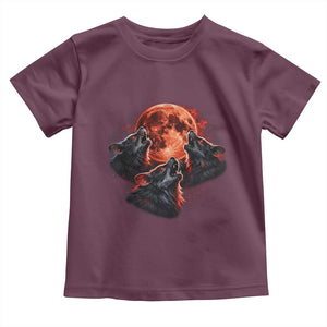 Majestic Three Wolves Howling at Red Blood Moon Graphic Toddler T Shirt Wild Nature with Celestial Astronomy TS02 Maroon Print Your Wear